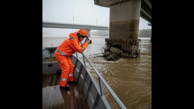 Engineer inspects bridge pillar in murky river