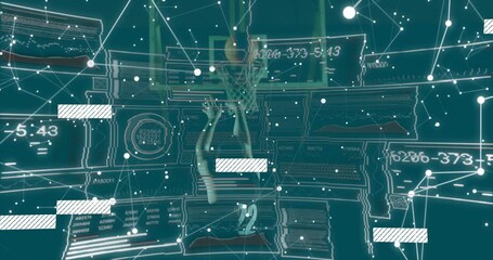 Athlete cradling ball beneath rim, activating sports data overlay during dunking enabling analysis - Powered by Adobe