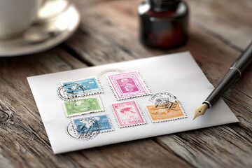 Vintage postage stamps arranged on an envelope with a fountain pen and ink bottle nearby