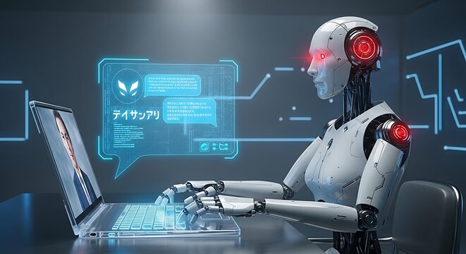 Artificial intelligence robot interacting with laptop screen virtual interface