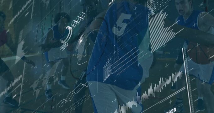 Analytics overlay appearing over gym, blue jersey 5 player dribbling crossover passing toward wing