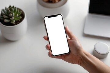 mock up phone in woman hand showing white screen