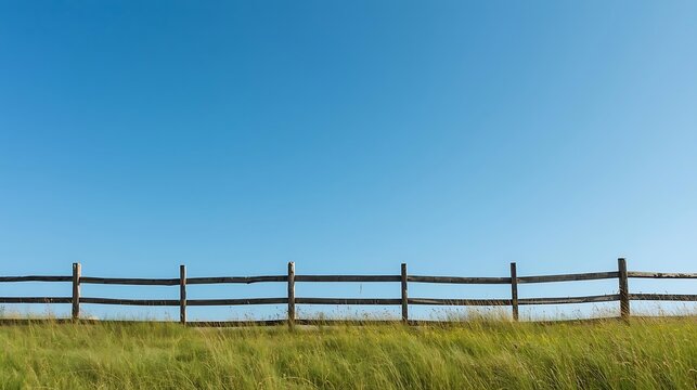 rustic fence across a meadow with clean blue sky - Powered by Adobe
