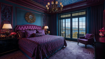 Elegant Bedroom with Regal Color Scheme and Scenic Views