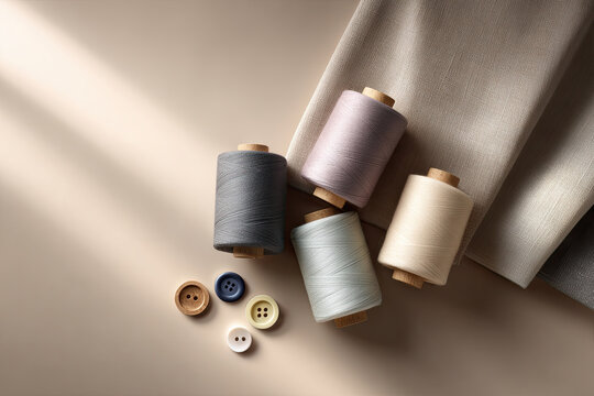 Colorful cotton spools and buttons arranged in a flat lay composition with soft fabric swatches