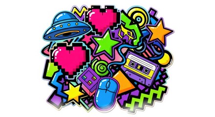 Fototapeta premium Illustration of 1980s and 1990s retro digital icons and symbols