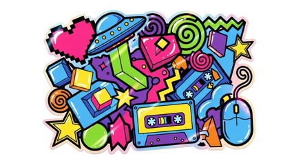 Illustration of 1990s Retro Technology and Multimedia Elements