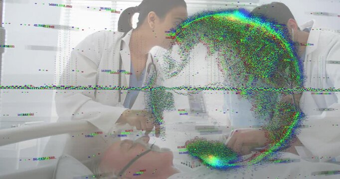 doctor placing mask ventilating while male using stethoscope applying compressions guided by senior