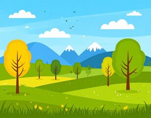 Obraz premium Spring landscape with trees, mountains, fields, leaves. Vector illustration in flat