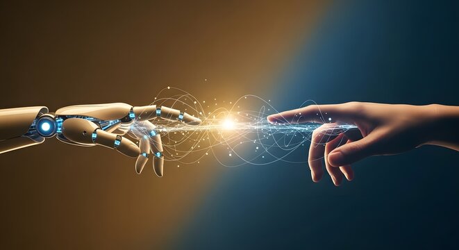 Human and robot hands reaching each other, artificial intelligence concept - Powered by Adobe