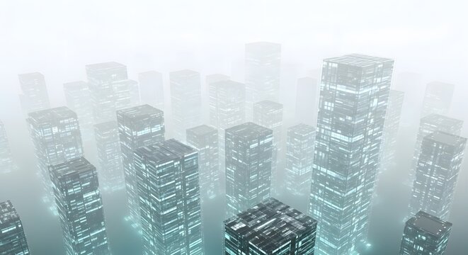 Futuristic city in fog, abstract urban landscape with modern architecture