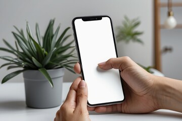 mock up phone in woman hand showing white screen