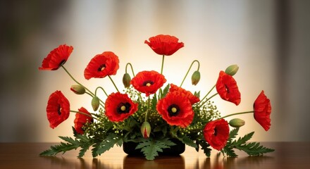 Describe the main subject (flower arrangement with red poppies), including