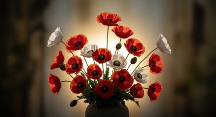 Describe the main subject (flower arrangement), including red poppies and