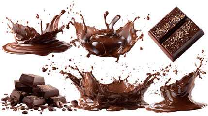 Fototapeta premium Delicious chocolate squares and splashes of liquid chocolate isolated on transparent background
