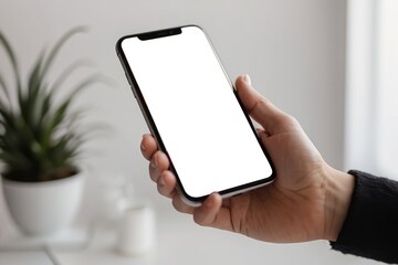 mock up phone in woman hand showing white screen