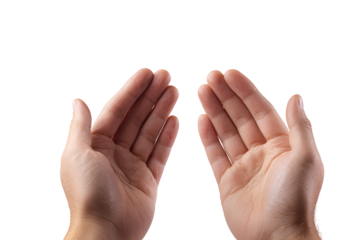 Two open hands reaching upwards in a gesture of prayer or supplication isolated on transparent background