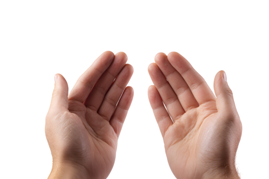 Two open hands reaching upwards in a gesture of prayer or supplication isolated on transparent background