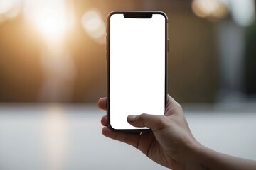 mock up phone in woman hand showing white screen