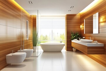 Fototapeta premium Serene Bathroom Interior: A luxurious modern bathroom, featuring a sleek soaking tub and minimalist design, highlighted by natural light, embodying tranquility and modern living. 