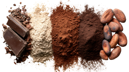 A visual journey through cocoa and chocolate ingredients isolated on transparent background