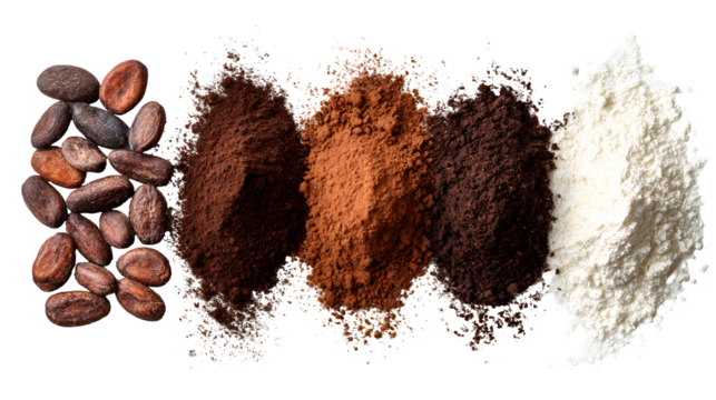 Cocoa beans and powder in different stages of processing isolated on transparent background