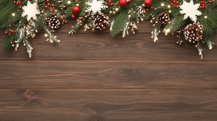Festive Embellishments:  A top-down composition captures the essence of holiday warmth, showcasing a garland of festive decorations laid gracefully over a rich wood surface.