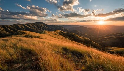 Golden hour sunset over grassy ridgeline