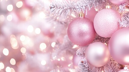 Fototapeta premium Delicate Baubles of Winter: The soft pastel tones of a winter holiday create a dreamy atmosphere, with elegant ornaments hanging gracefully on the frosted branches, illuminated by twinkling lights. 