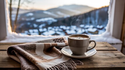 Warm cup of coffee on wooden table by window with winter mountain view and cozy blanket in morning sunlight