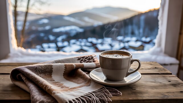 Warm cup of coffee on wooden table by window with winter mountain view and cozy blanket in morning sunlight