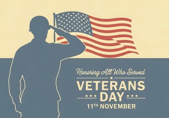 veterans day, A dignified silhouette of a soldier saluting in front of the flag. A patriotic scene for Veterans Day. The words Honoring All Who Served and Veterans Day.