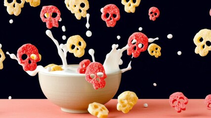Colorful cereal pieces shaped like skulls splash dramatically in a bowl of milk, showcasing a playful scene with dynamic movement, emphasizing the excitement of breakfast, camera pans and zooms in