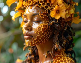 Portrait of a person adorned with honeycombs, flowers, and bees