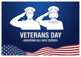 veterans day, A poignant Veterans Day graphic, honoring all who served, features saluting figures and the American flag, set against a deep blue backdrop that evokes a sense of solemnity and respect.
