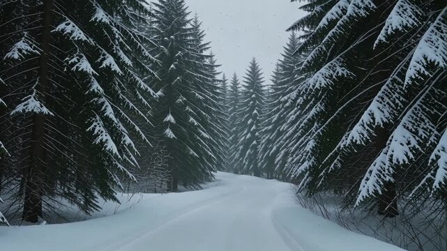 Majestic winter wonderland with snow-covered pine trees lining a winding path creating a serene nature escape for outdoor adventure and tranquil beauty - Powered by Adobe