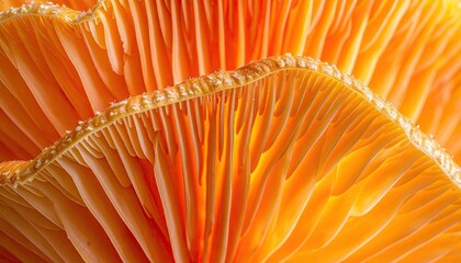 Extreme Close up Macro Photograph of Bright Orange Mushroom Gills with Detailed Texture and Soft Warm Lighting Highlighting the Natural Pattern