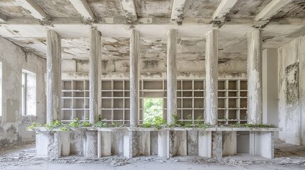 A long abandoned industrial hall with weathered concrete columns, peeling walls, and sunlit windows