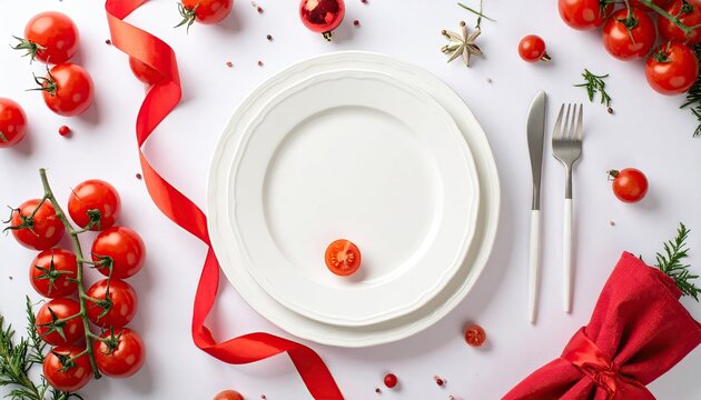 Festive Christmas Table Setting with White Plates Red Ribbon Cherry Tomatoes and Silverware on a White Background with Soft Studio Lighting