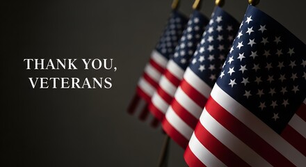 veterans day, A patriotic display of gratitude. US flags with red and white stripes and stars waving gracefully on dark background.