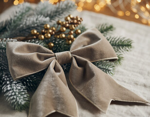Velvet bow rests on evergreen branch with golden berries against blurred lights, creating a warm and festive christmas atmosphere.