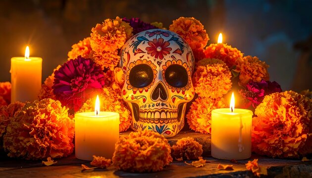 Ornate skull surrounded by vibrant marigolds and lit candles - Powered by Adobe