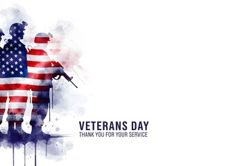 veterans day, A patriotic watercolor illustration commemorates Veterans Day, with silhouetted soldiers superimposed over the American flag. The artwork conveys respect, honor.