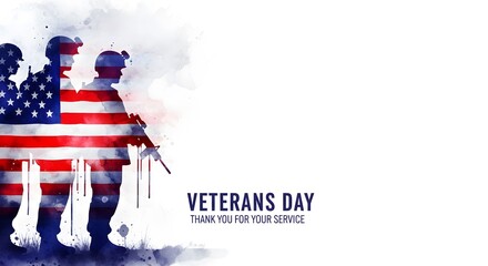 veterans day, A patriotic watercolor painting, a heartfelt tribute to those who served, features a poignant portrayal of silhouettes of soldier and flag. Reflecting valor, sacrifice.