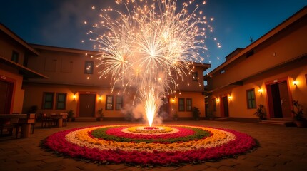 Celebrating Diwali with vibrant fireworks and colorful rangoli patterns in a courtyard setting during the night