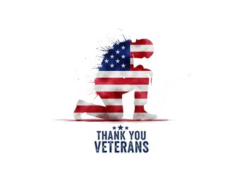 veterans day, A heartfelt salute to American veterans, with a patriotic graphic of a soldier kneeling in a symbolic gesture of respect and remembrance.