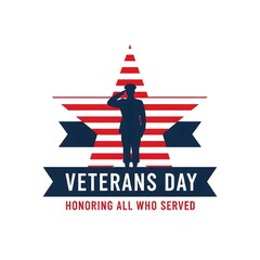 veterans day, A poignant Veterans Day illustration, paying tribute to the selfless service and sacrifice of military personnel. Featuring a silhouette of a saluting soldier within a patriotic star.
