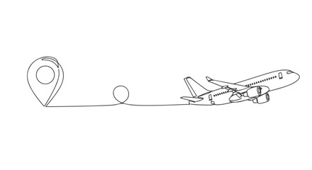 Continuous one line drawing of an airplane traveling from a location pin with a dotted path, single continuous line art © Purnomo