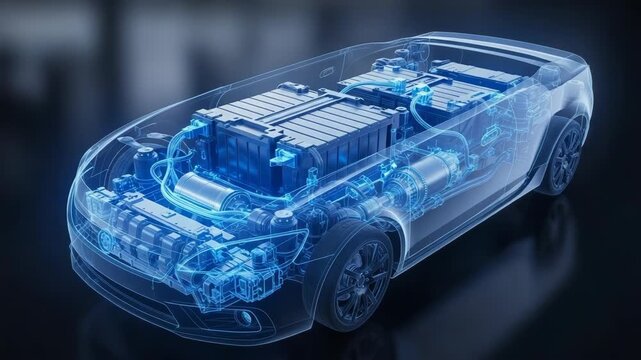 Electric Car Internal Components Animation with Battery and Motor Technology Diagram