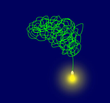 Creative concept illustration of a glowing light bulb brain symbolizing ideas